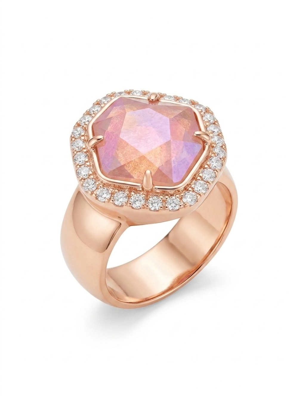 Kendra Scott Schuyler Cocktail Ring Dichroic Glass Rose Gold Pink Iridescent